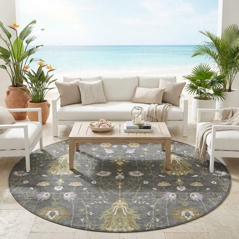 8' Gray And Graphite Round Oriental Washable Indoor Outdoor Area Rug Homeroots Outdoor