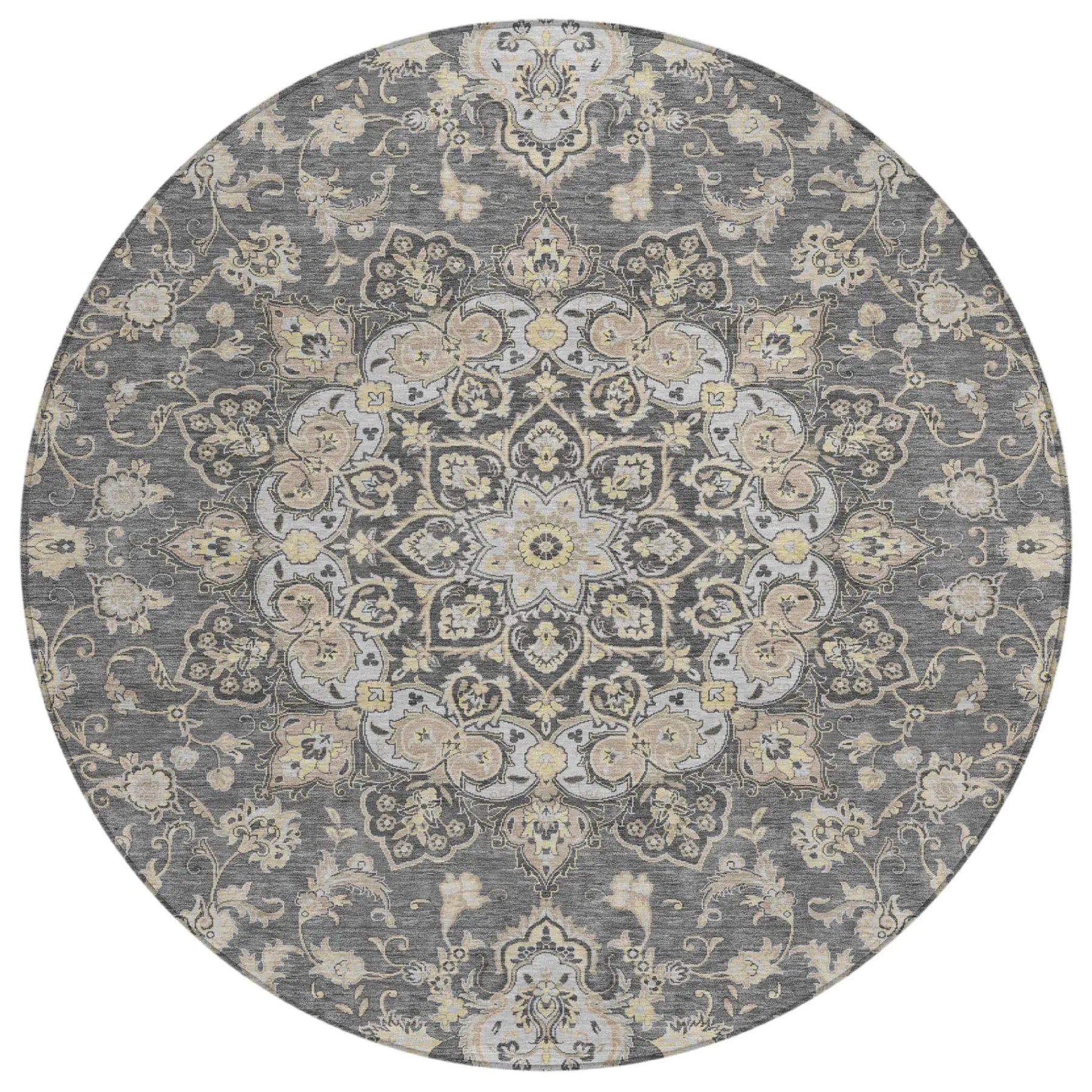 8' Gray And Graphite Round Oriental Washable Indoor Outdoor Area Rug Homeroots Outdoor