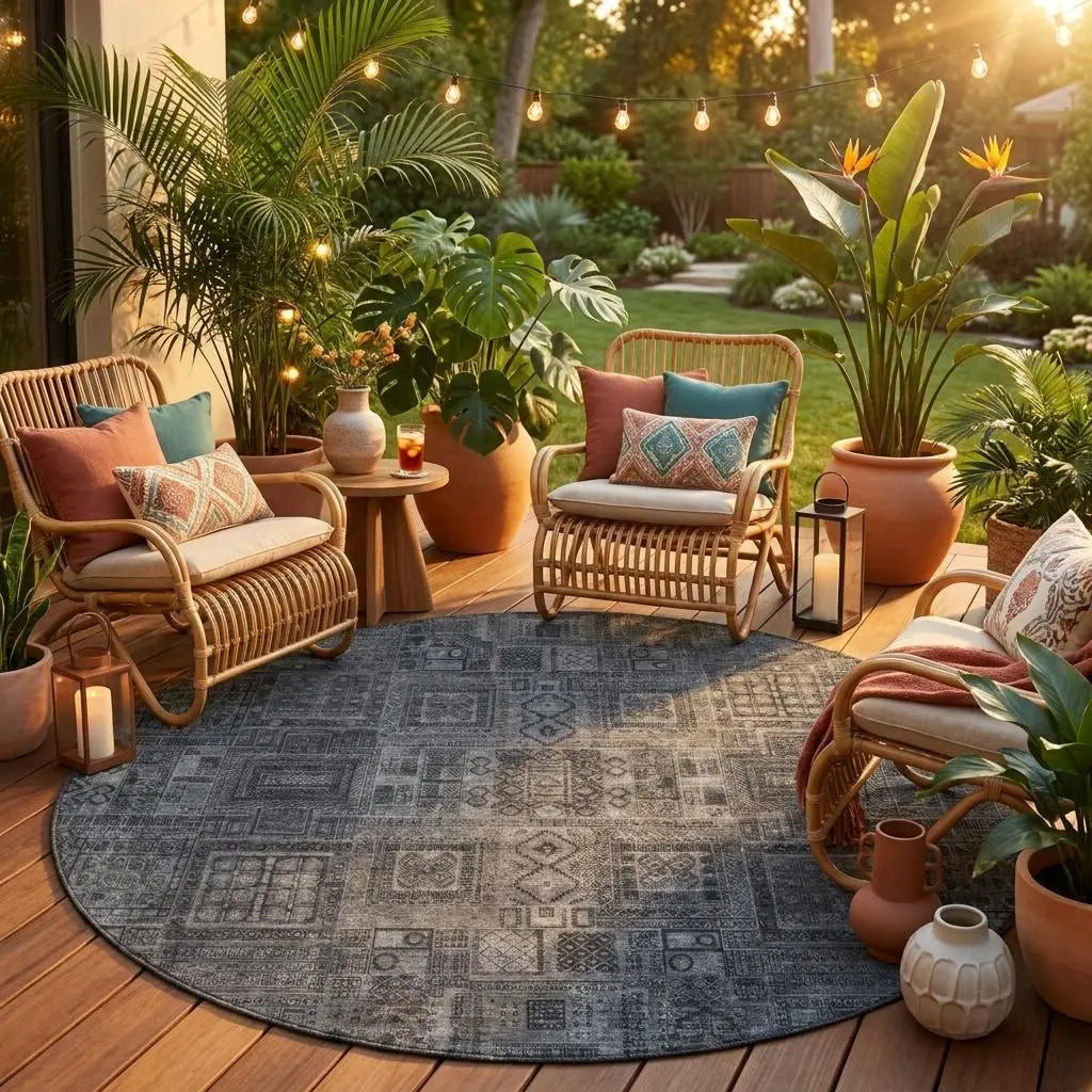 8' Gray And Graphite Round Oriental Washable Indoor Outdoor Area Rug Homeroots Outdoor