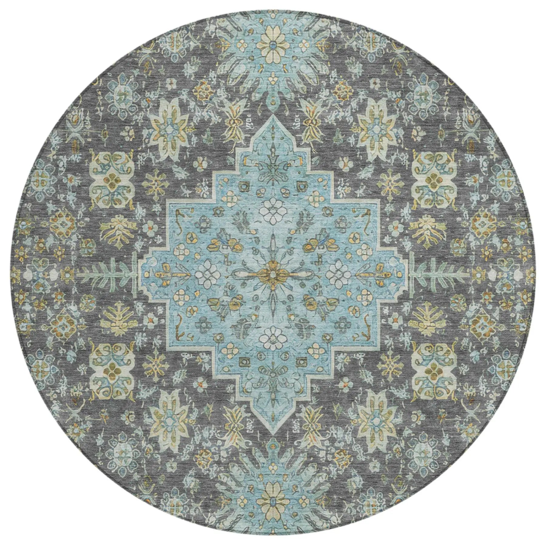 8' Gray And Graphite Round Oriental Washable Indoor Outdoor Area Rug Homeroots Outdoor