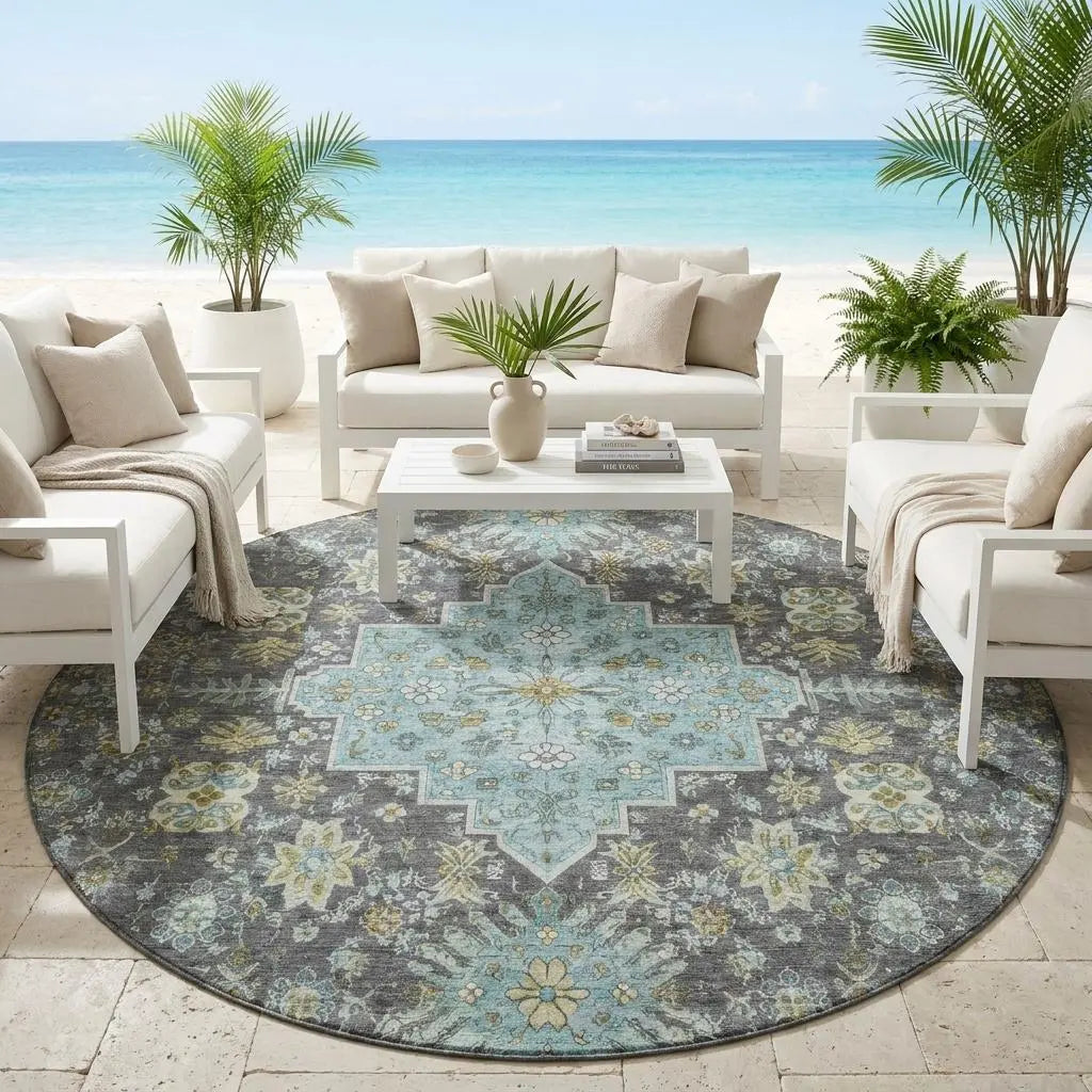 8' Gray And Graphite Round Oriental Washable Indoor Outdoor Area Rug Homeroots Outdoor