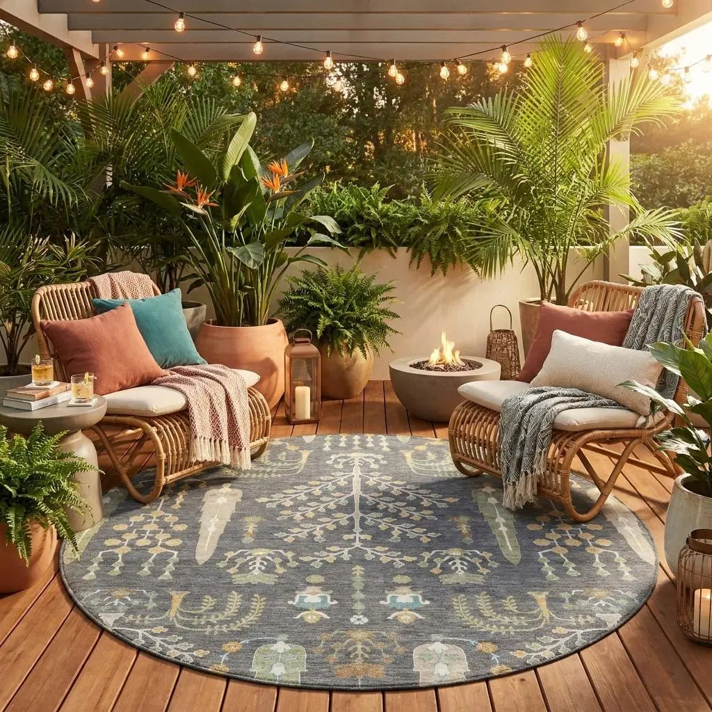 8' Gray And Graphite Round Oriental Washable Indoor Outdoor Area Rug Homeroots Outdoor