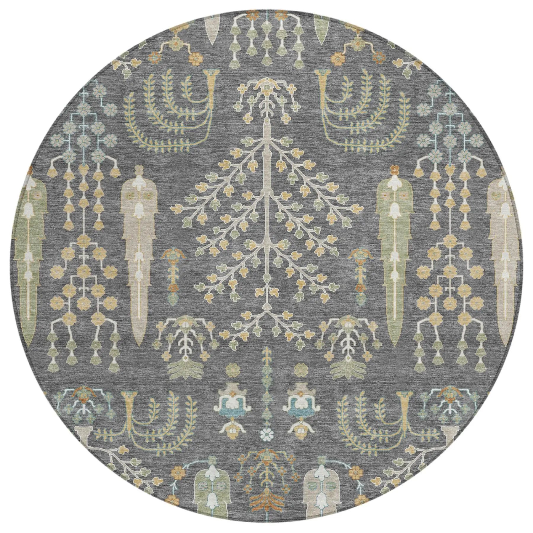 8' Gray And Graphite Round Oriental Washable Indoor Outdoor Area Rug Homeroots Outdoor