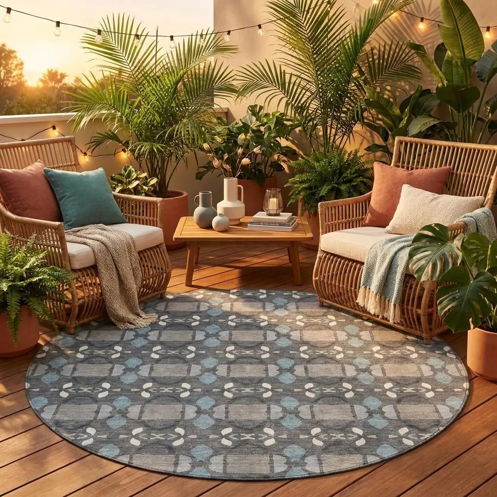 8' Gray And Graphite Round Striped Washable Indoor Outdoor Area Rug Homeroots Outdoor