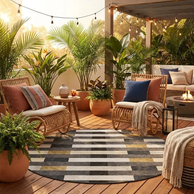 8' Gray And Graphite Round Striped Washable Indoor Outdoor Area Rug Homeroots Outdoor