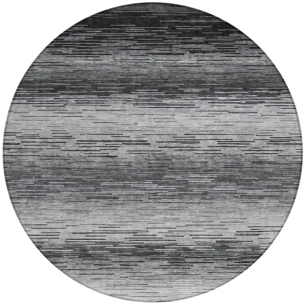8' Gray And Graphite Round Striped Washable Indoor Outdoor Area Rug Homeroots Outdoor