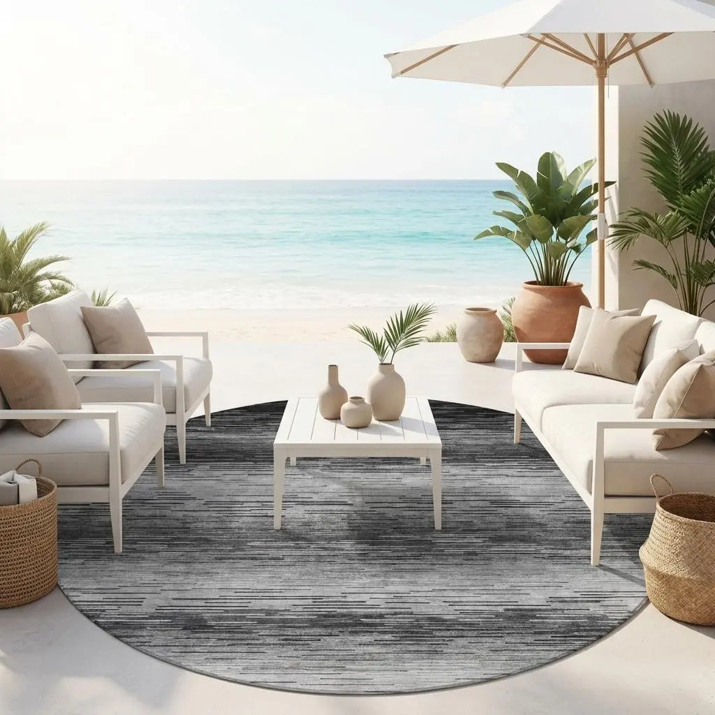 8' Gray And Graphite Round Striped Washable Indoor Outdoor Area Rug Homeroots Outdoor