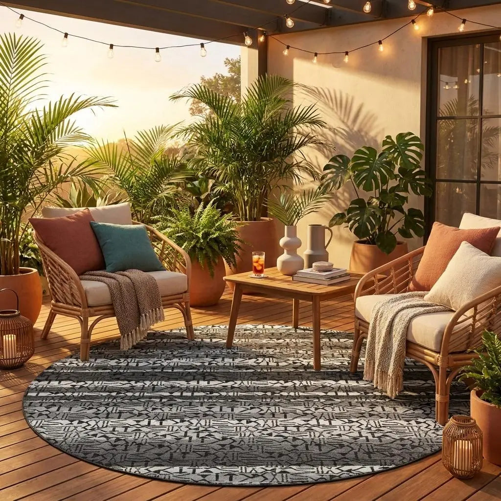 8' Gray And Graphite Round Striped Washable Indoor Outdoor Area Rug Homeroots Outdoor