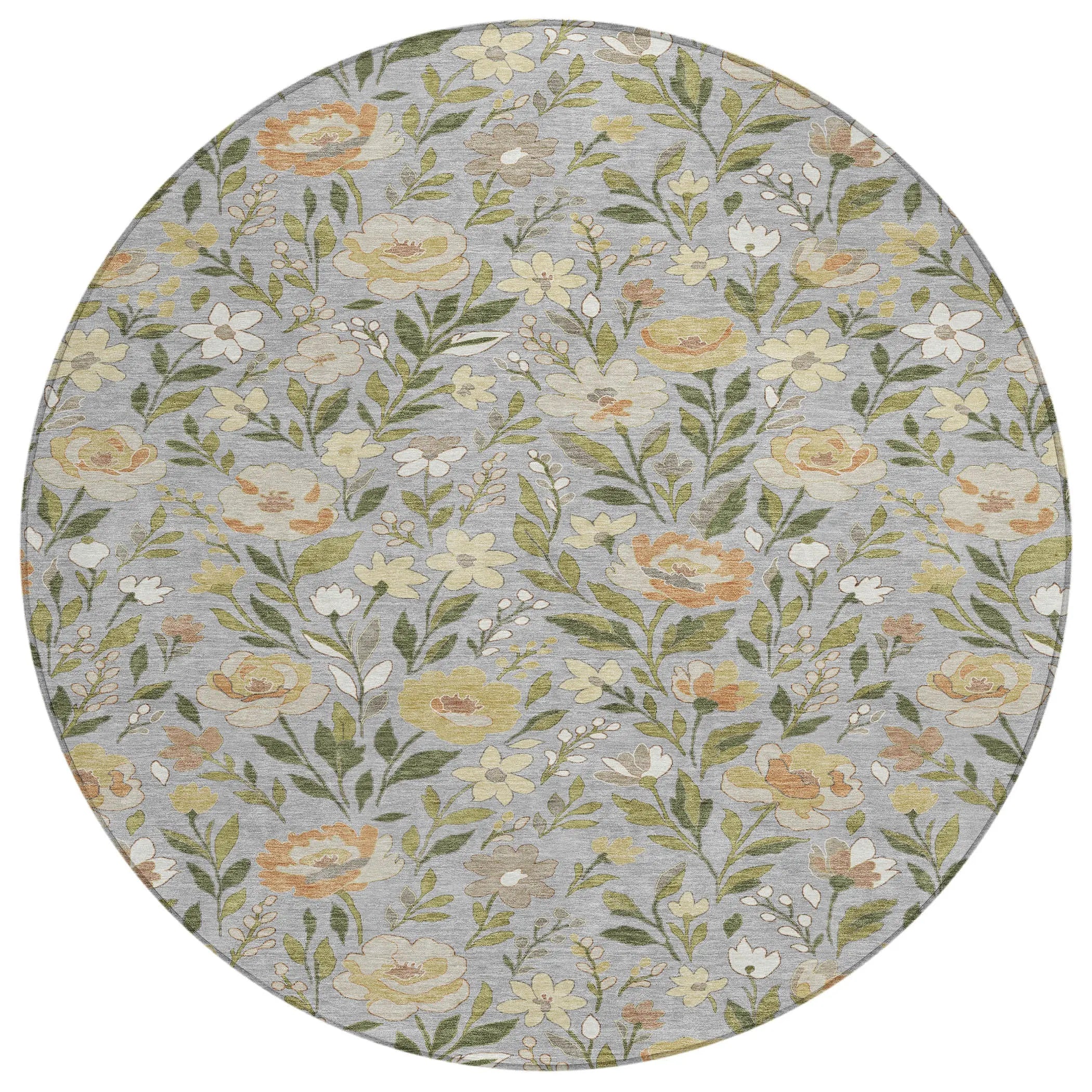 8' Gray And Green Round Floral Washable Indoor Outdoor Area Rug Homeroots Outdoor