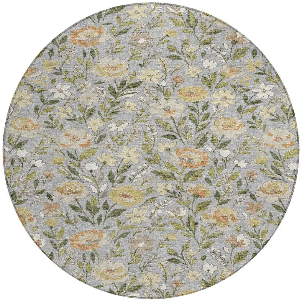 8' Gray And Green Round Floral Washable Indoor Outdoor Area Rug Homeroots Outdoor