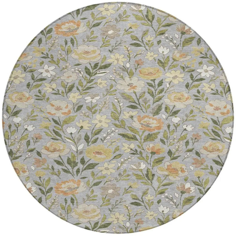 8' Gray And Green Round Floral Washable Indoor Outdoor Area Rug Homeroots Outdoor