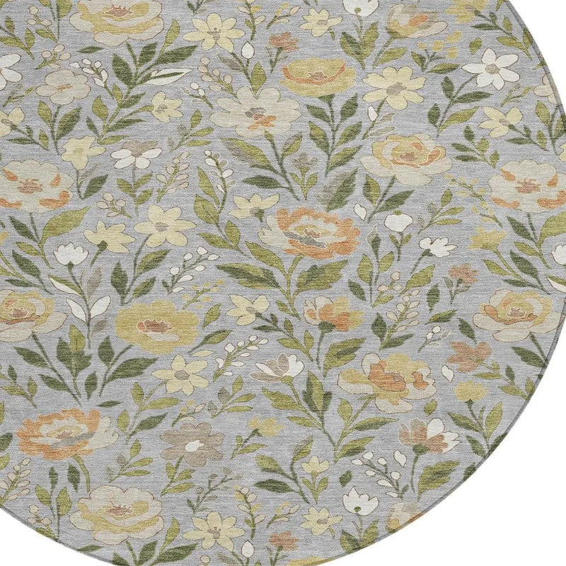 8' Gray And Green Round Floral Washable Indoor Outdoor Area Rug Homeroots Outdoor