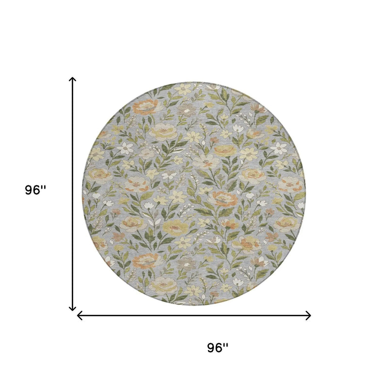 8' Gray And Green Round Floral Washable Indoor Outdoor Area Rug Homeroots Outdoor