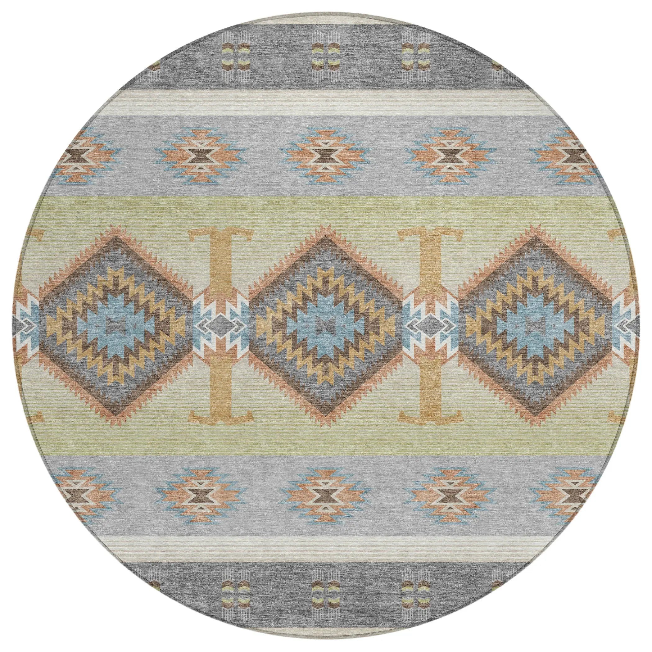 8' Gray And Green Round Southwestern Washable Indoor Outdoor Area Rug Homeroots Outdoor