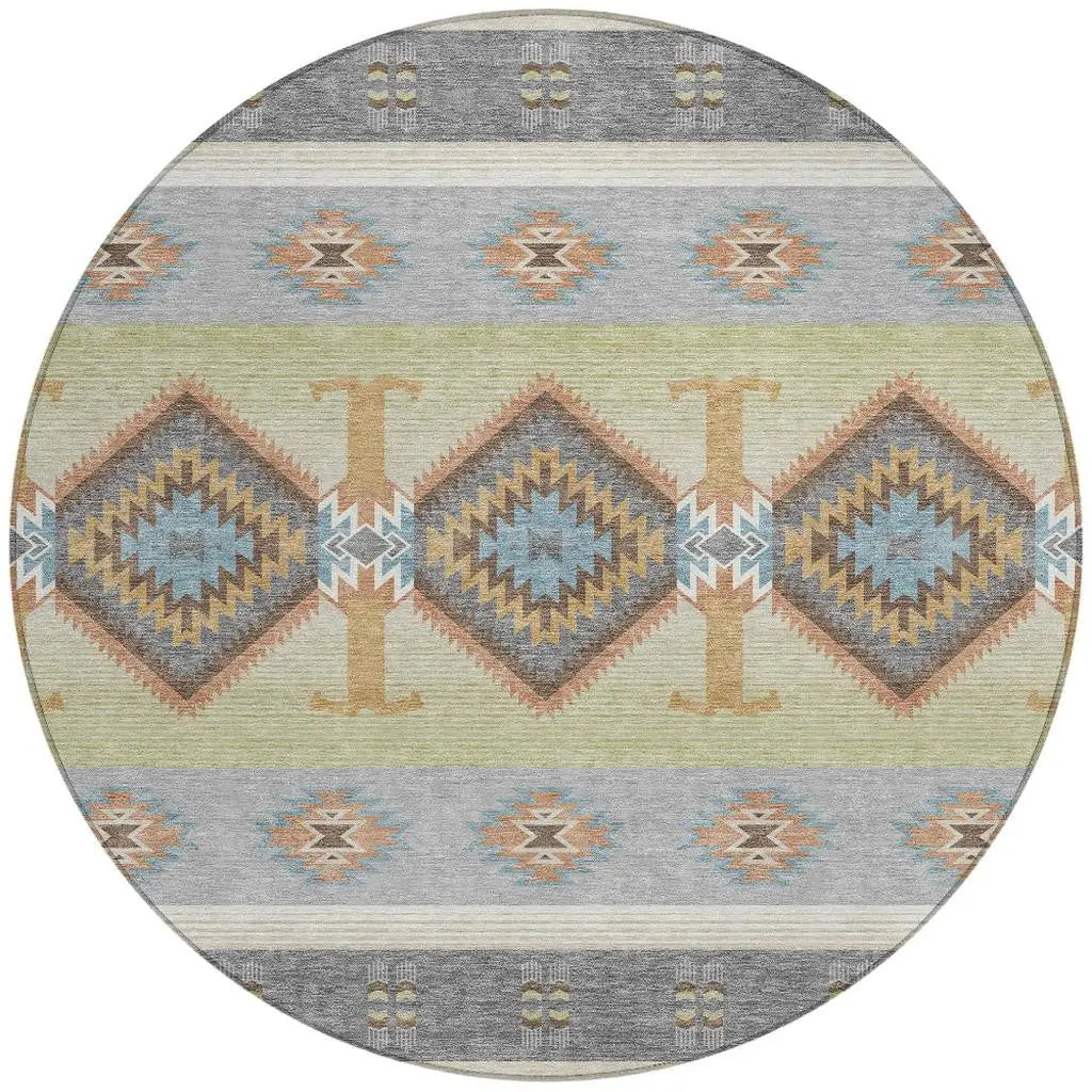 8' Gray And Green Round Southwestern Washable Indoor Outdoor Area Rug Homeroots Outdoor