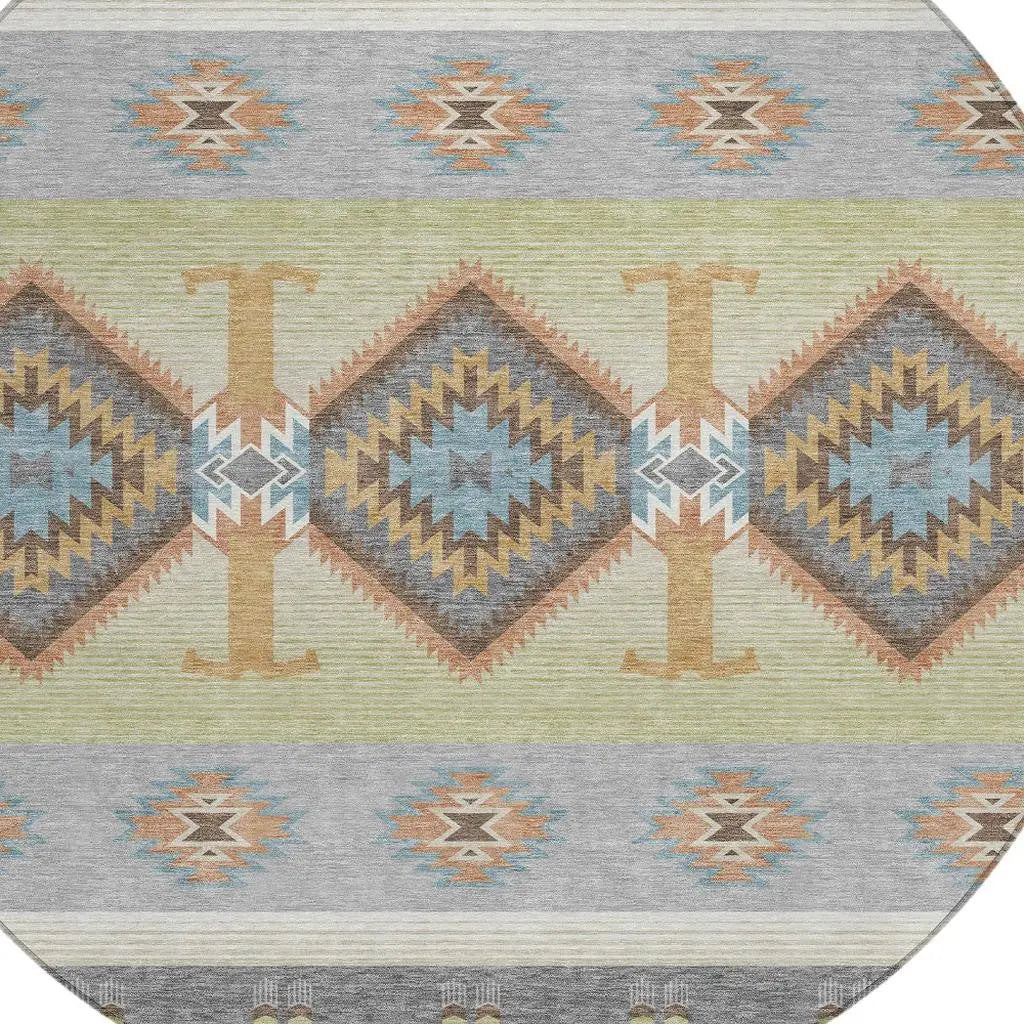 8' Gray And Green Round Southwestern Washable Indoor Outdoor Area Rug Homeroots Outdoor