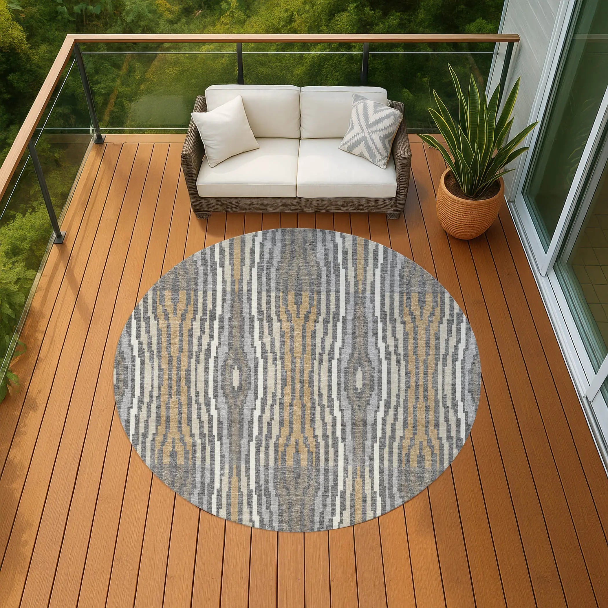 8' Gray And Ivory Round Abstract Washable Indoor Outdoor Area Rug Homeroots Outdoor