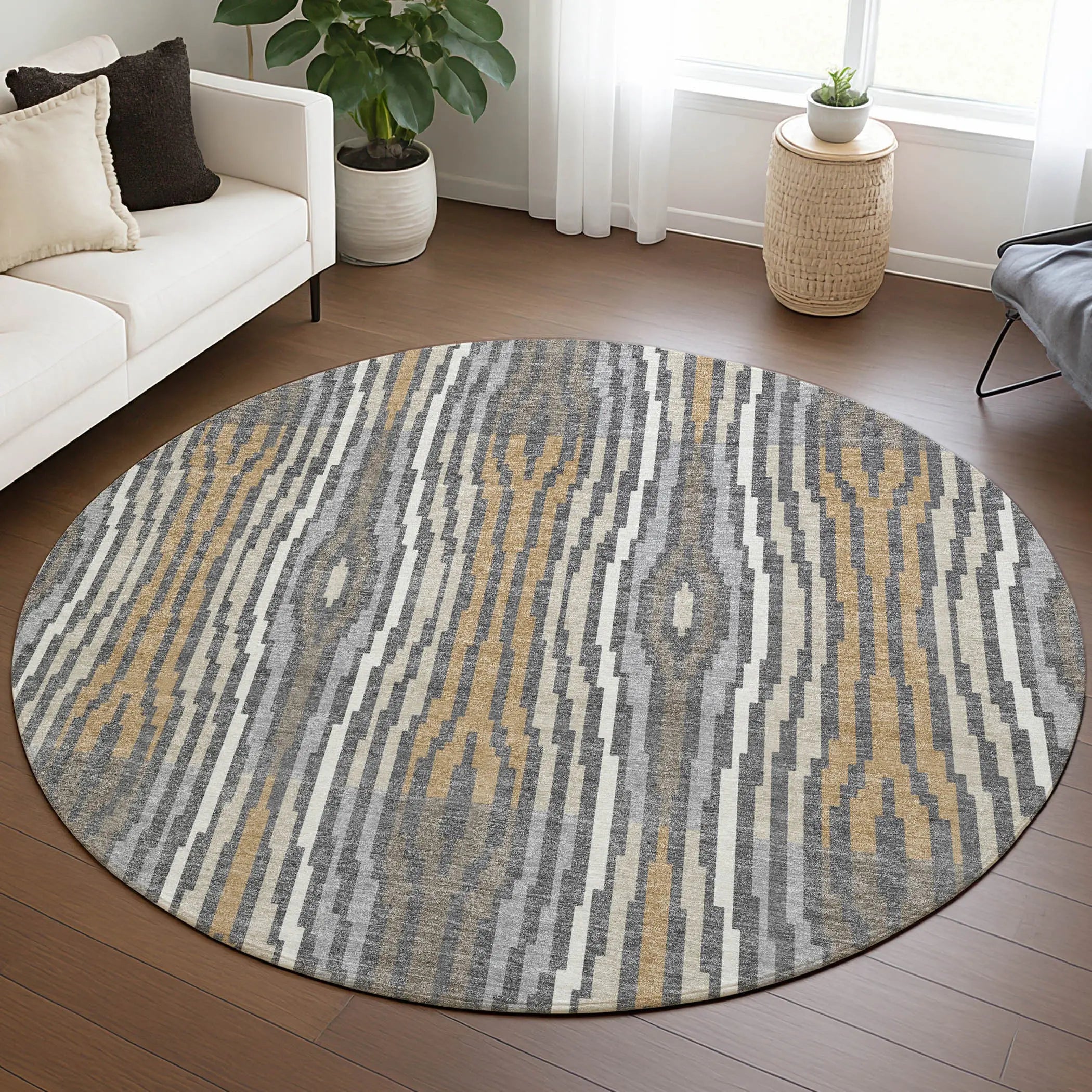 8' Gray And Ivory Round Abstract Washable Indoor Outdoor Area Rug Homeroots Outdoor