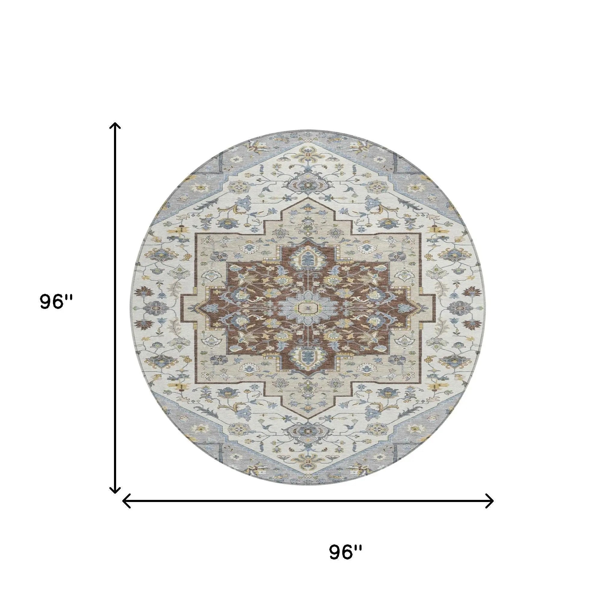 8' Gray And Ivory Round Floral Medallion Washable Indoor Outdoor Area Rug Homeroots Outdoor