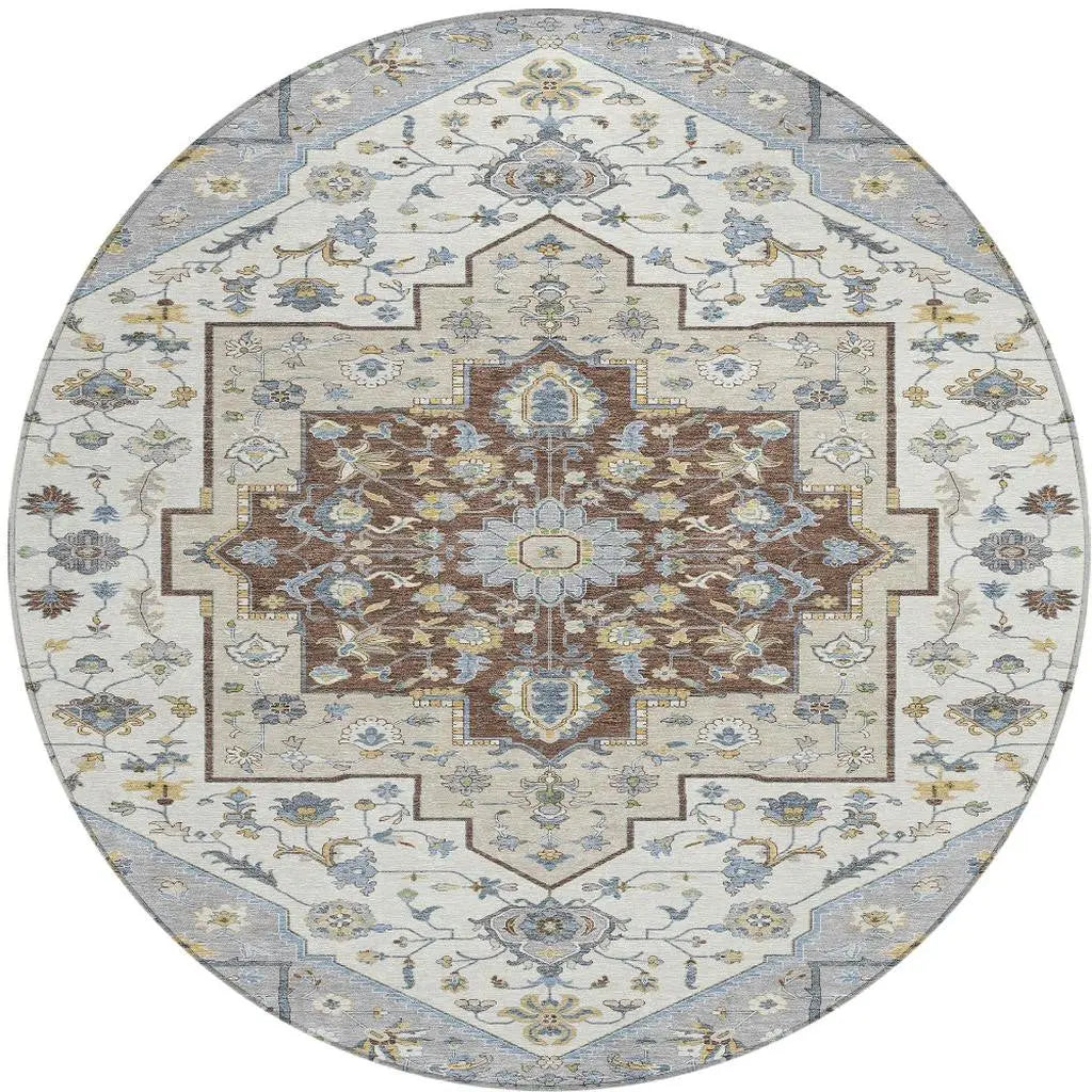 8' Gray And Ivory Round Floral Medallion Washable Indoor Outdoor Area Rug Homeroots Outdoor