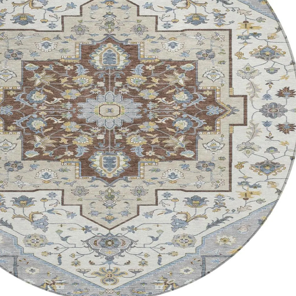 8' Gray And Ivory Round Floral Medallion Washable Indoor Outdoor Area Rug Homeroots Outdoor