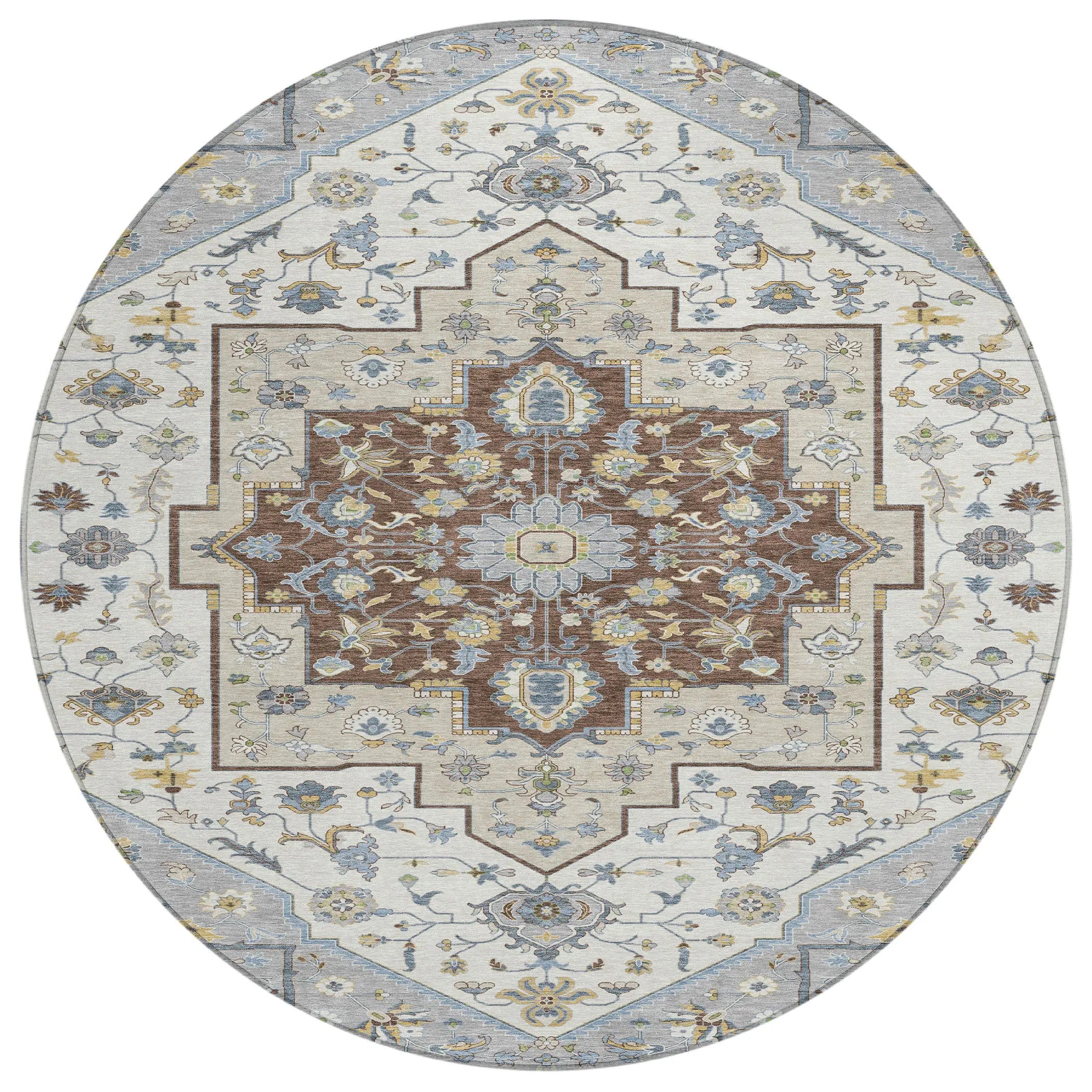 8' Gray And Ivory Round Floral Medallion Washable Indoor Outdoor Area Rug Homeroots Outdoor