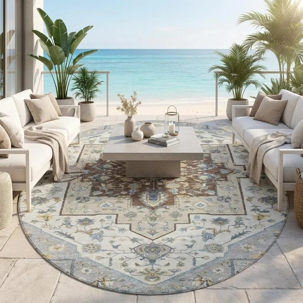 8' Gray And Ivory Round Floral Medallion Washable Indoor Outdoor Area Rug Homeroots Outdoor