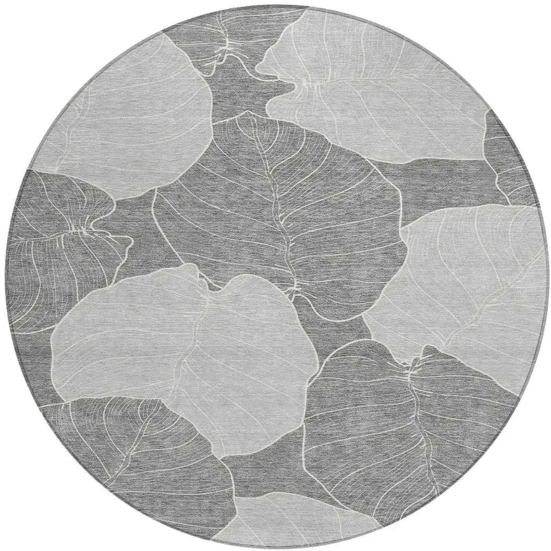 8' Gray And Ivory Round Floral Washable Indoor Outdoor Area Rug Homeroots Outdoor