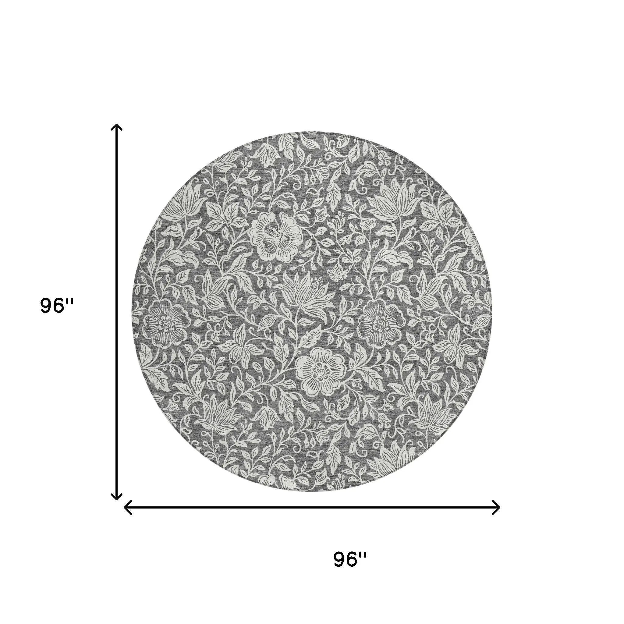8' Gray And Ivory Round Floral Washable Indoor Outdoor Area Rug Homeroots Outdoor
