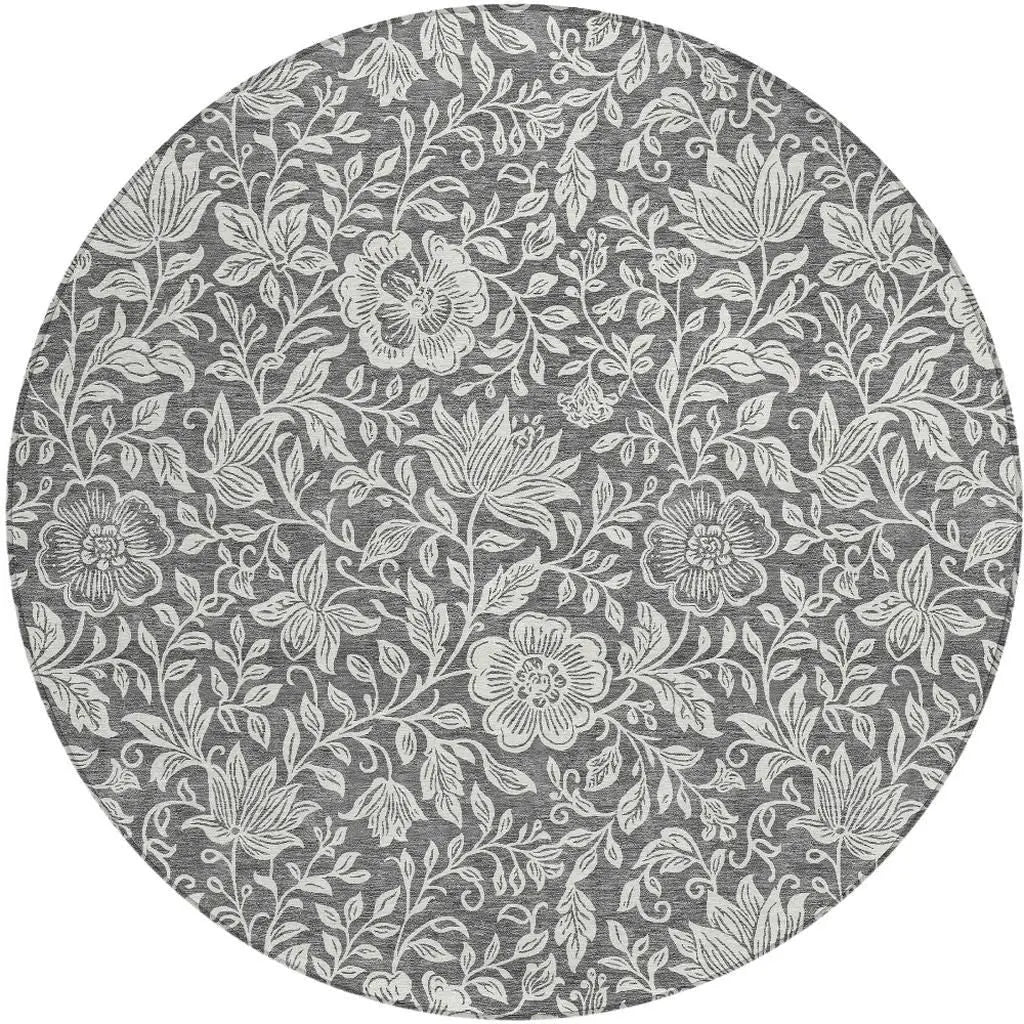 8' Gray And Ivory Round Floral Washable Indoor Outdoor Area Rug Homeroots Outdoor