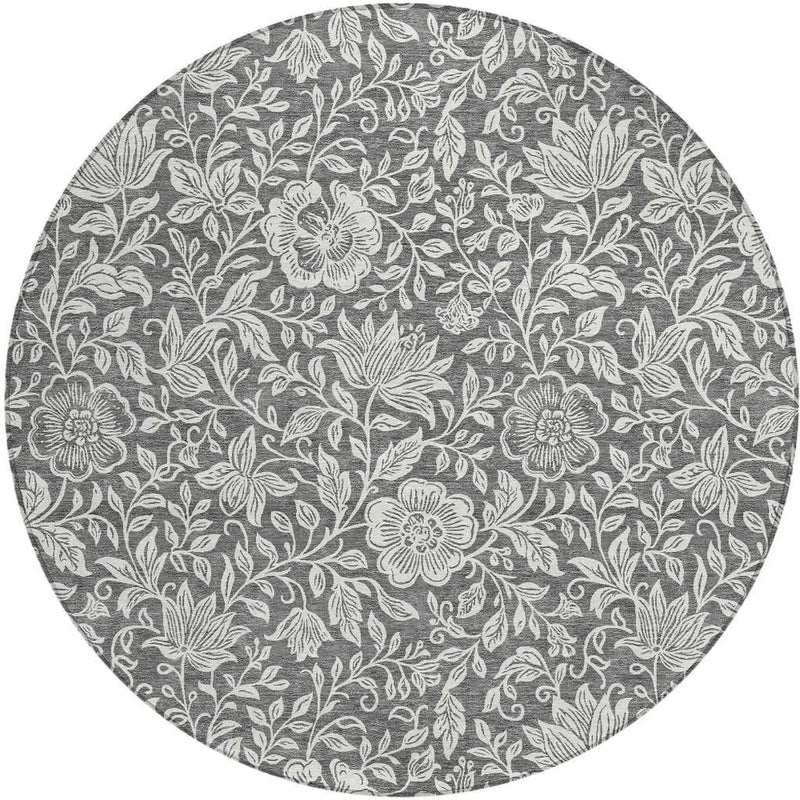 8' Gray And Ivory Round Floral Washable Indoor Outdoor Area Rug Homeroots Outdoor