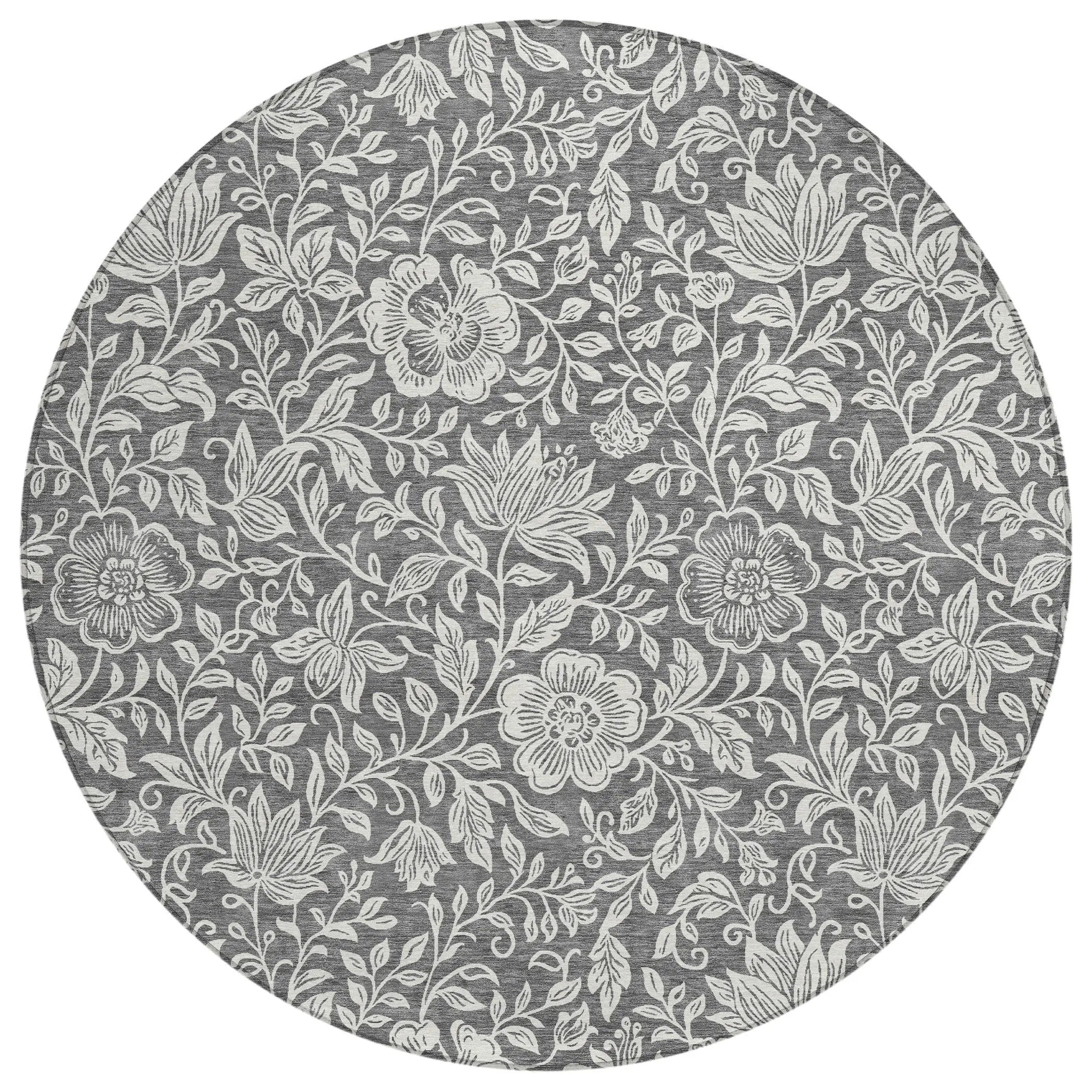 8' Gray And Ivory Round Floral Washable Indoor Outdoor Area Rug Homeroots Outdoor