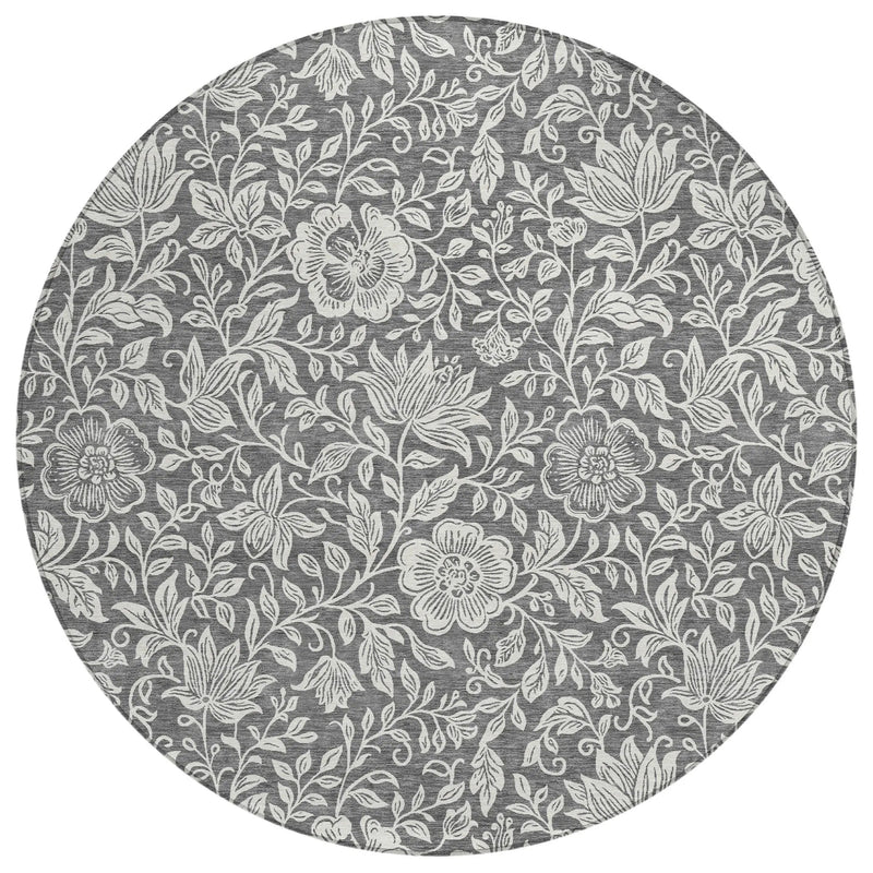 8' Gray And Ivory Round Floral Washable Indoor Outdoor Area Rug Homeroots Outdoor