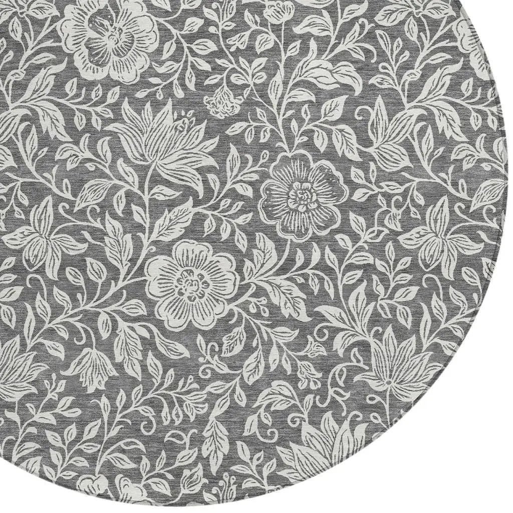 8' Gray And Ivory Round Floral Washable Indoor Outdoor Area Rug Homeroots Outdoor