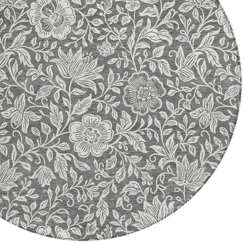 8' Gray And Ivory Round Floral Washable Indoor Outdoor Area Rug Homeroots Outdoor