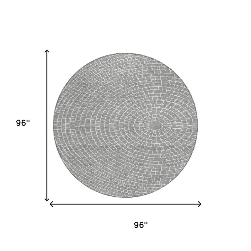 8' Gray And Ivory Round Geometric Washable Indoor Outdoor Area Rug Homeroots Outdoor