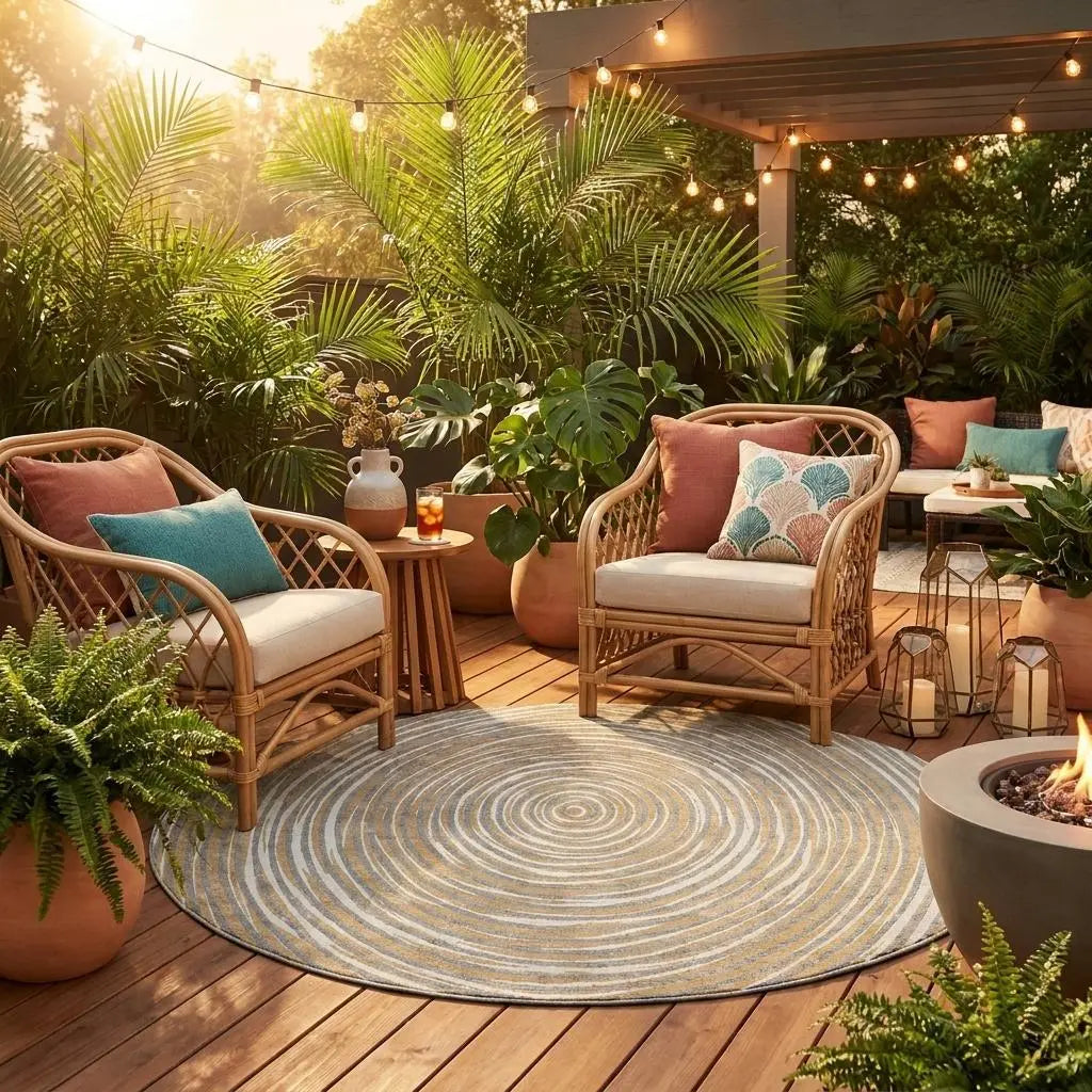 8' Gray And Ivory Round Geometric Washable Indoor Outdoor Area Rug Homeroots Outdoor