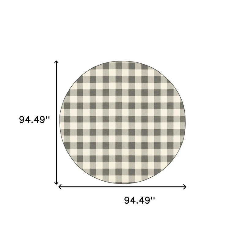 8' Gray And Ivory Round Gingham Indoor Outdoor Area Rug Homeroots Outdoor