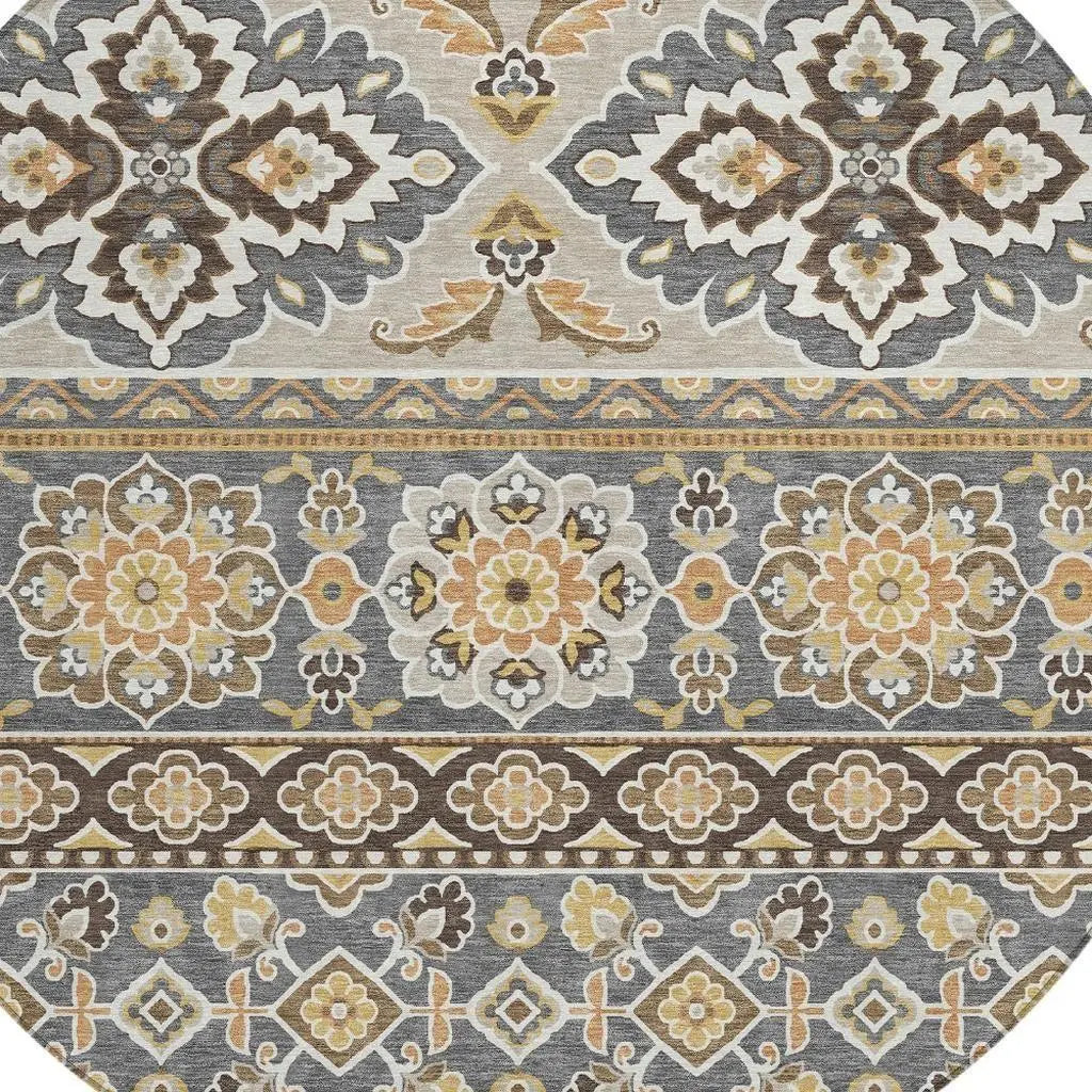 8' Gray And Ivory Round Tribal Washable Indoor Outdoor Area Rug Homeroots Outdoor