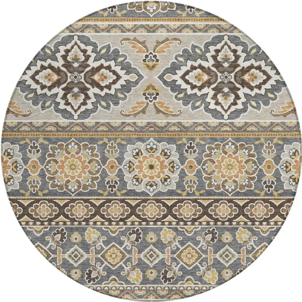 8' Gray And Ivory Round Tribal Washable Indoor Outdoor Area Rug Homeroots Outdoor