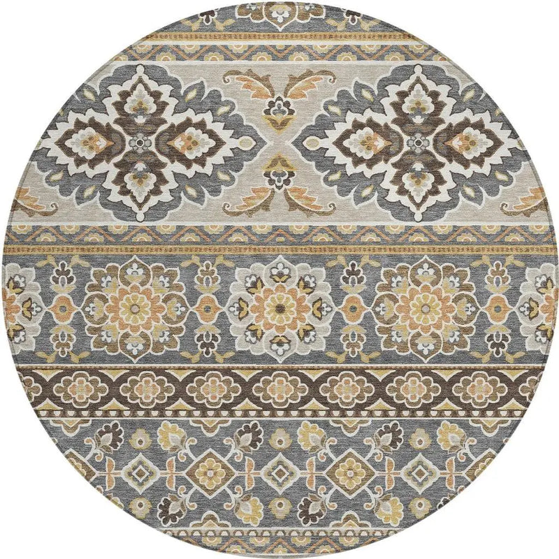 8' Gray And Ivory Round Tribal Washable Indoor Outdoor Area Rug Homeroots Outdoor