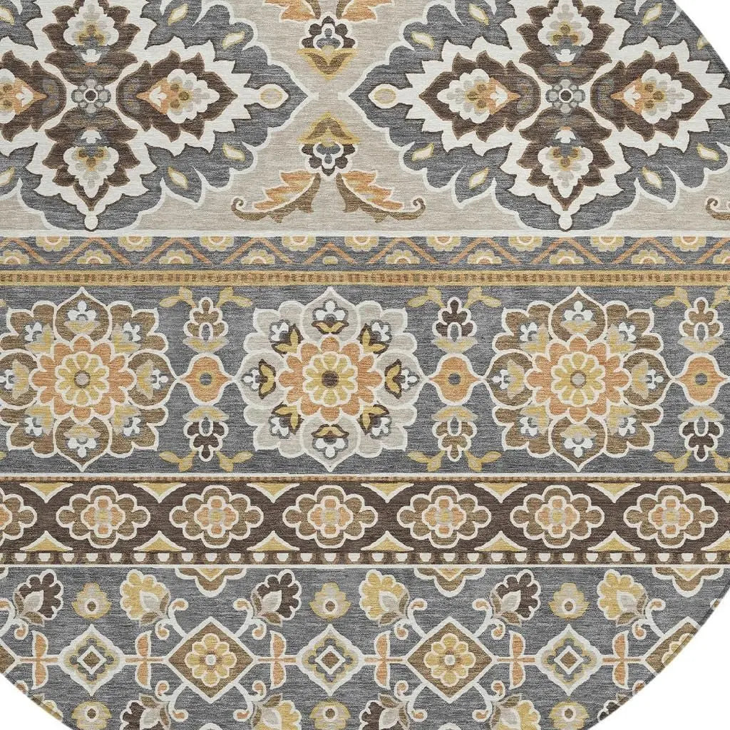8' Gray And Ivory Round Tribal Washable Indoor Outdoor Area Rug Homeroots Outdoor
