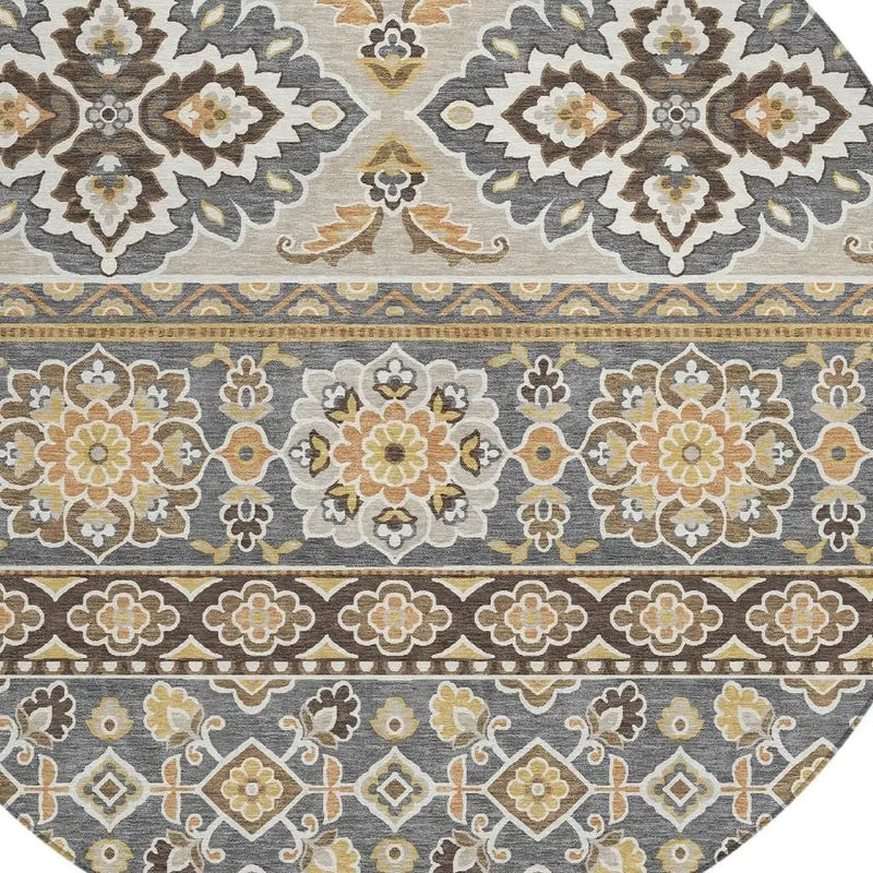 8' Gray And Ivory Round Tribal Washable Indoor Outdoor Area Rug Homeroots Outdoor