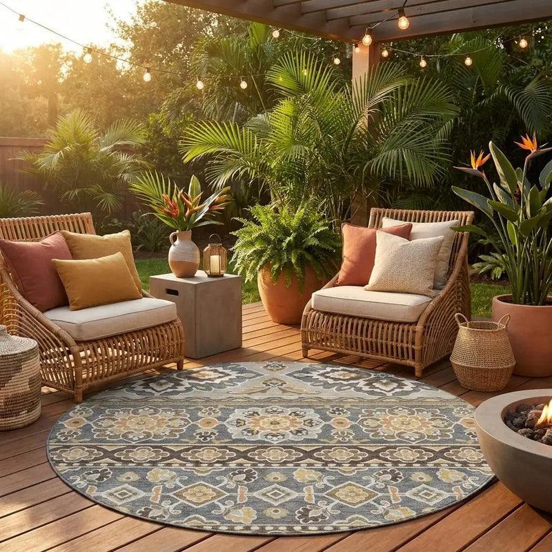 8' Gray And Ivory Round Tribal Washable Indoor Outdoor Area Rug Homeroots Outdoor