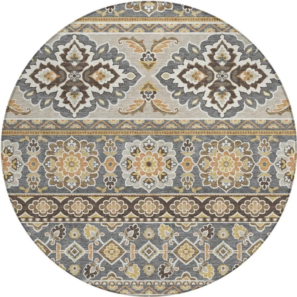 8' Gray And Ivory Round Tribal Washable Indoor Outdoor Area Rug Homeroots Outdoor