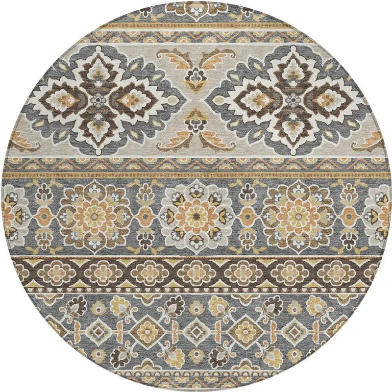 8' Gray And Ivory Round Tribal Washable Indoor Outdoor Area Rug Homeroots Outdoor