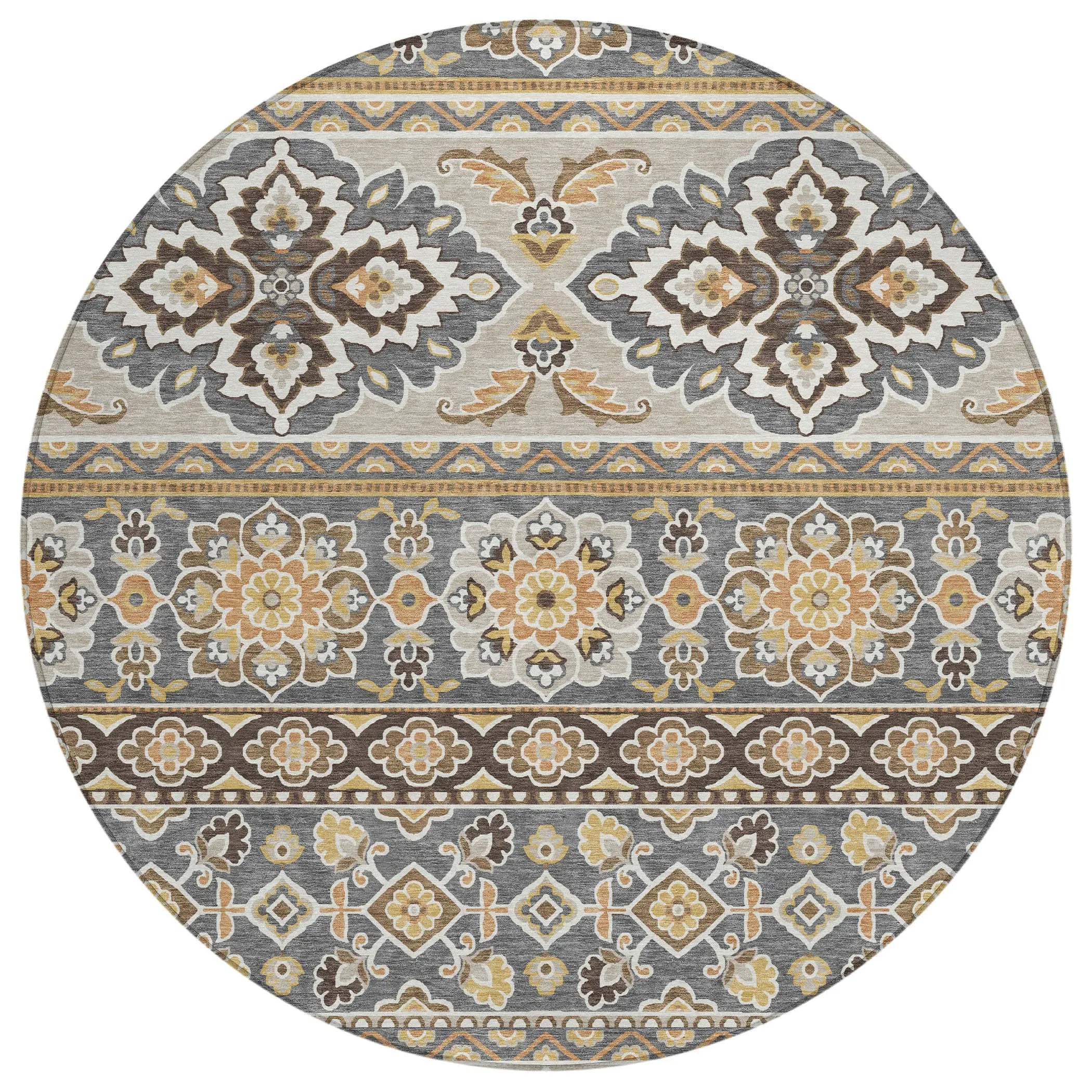 8' Gray And Ivory Round Tribal Washable Indoor Outdoor Area Rug Homeroots Outdoor