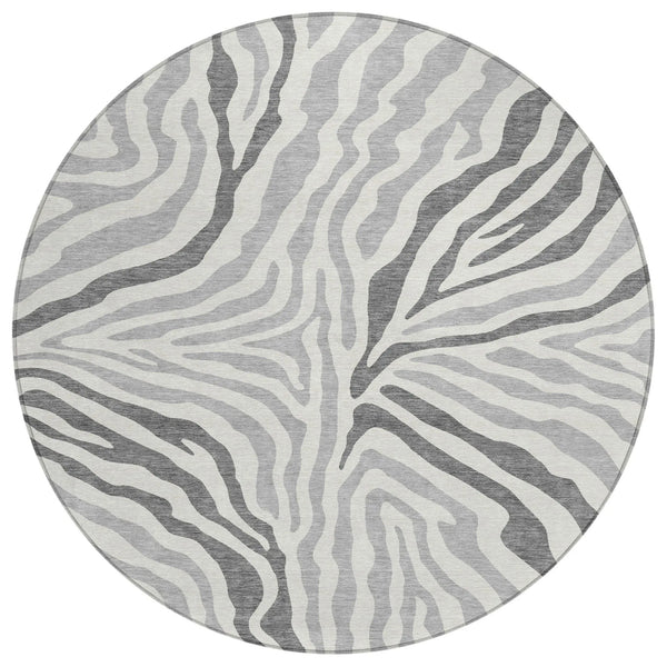 8' Gray And Ivory Round Zebra Print Washable Indoor Outdoor Area Rug Homeroots Outdoor