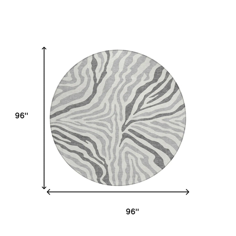 8' Gray And Ivory Round Zebra Print Washable Indoor Outdoor Area Rug Homeroots Outdoor