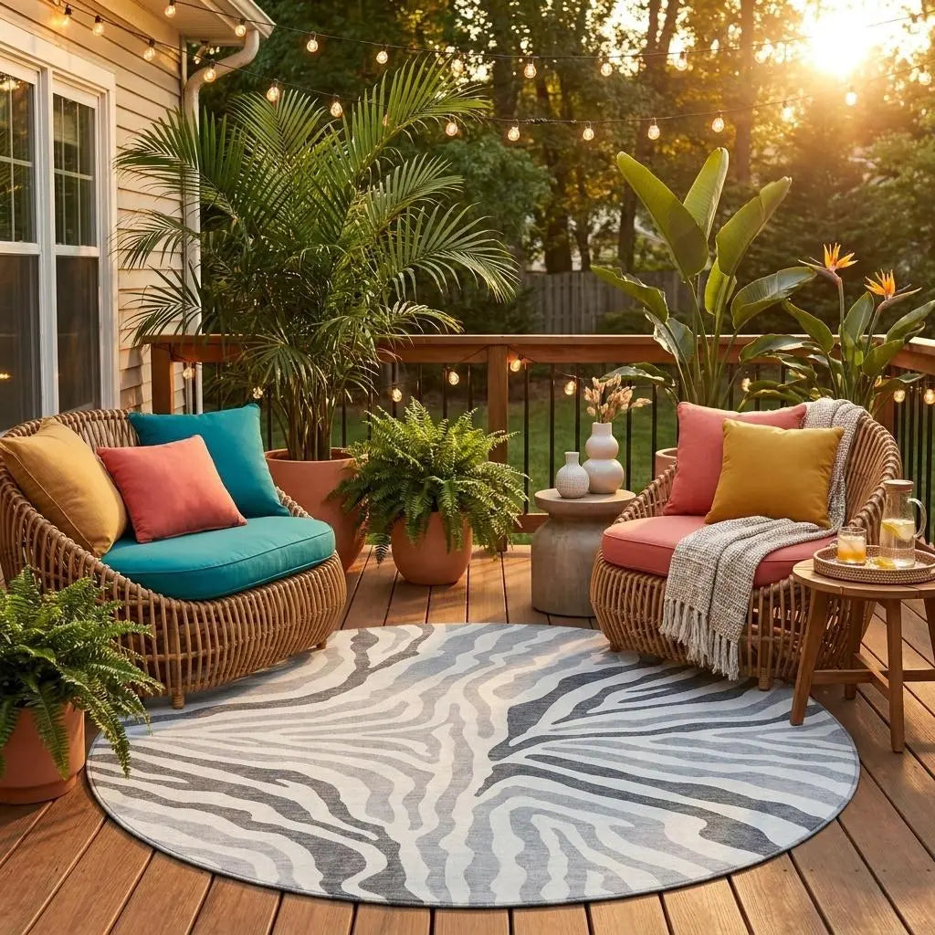 8' Gray And Ivory Round Zebra Print Washable Indoor Outdoor Area Rug Homeroots Outdoor